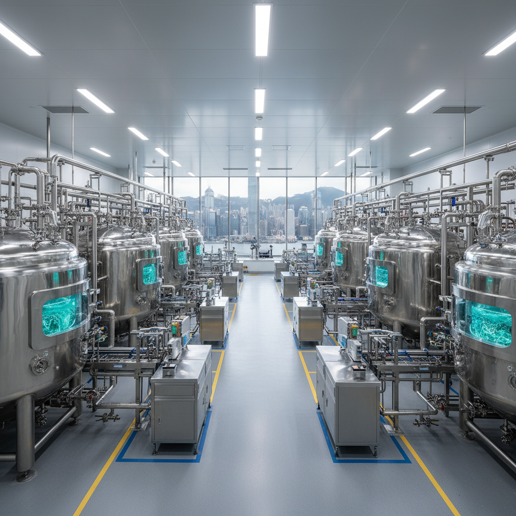 An expansive panoramic view of an integrated biotech production line, featuring gleaming stainless-steel bioreactors, fermentation tanks, and interconnected polished pipelines forming a precise geometric rhythm. Transparent observation panels reveal swirling liquid cultures inside, lit by subtle internal illumination. The facility floor is immaculate epoxy in muted gray, with safety markings and modular workstations receding into the distance. Overhead, evenly spaced LED panels cast bright, neutral light that eliminates harsh shadows. In the background, a large glass wall hints at an urban skyline that merges elements of Hong Kong’s dense high-rises and a Canadian waterfront city, without explicit text or logos. Captured from a slightly elevated wide-angle perspective, the composition emphasizes depth, scale, and operational order, conveying industrial sophistication with clean, modern photographic realism.