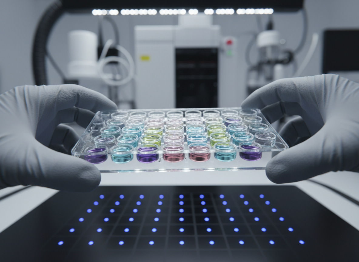 A close-up, photographic view of a pair of gloved robotic manipulators delicately holding a transparent multiwell plate filled with differently tinted liquid samples, each well catching subtle reflections. The plate rests above a sleek analytical testing platform with a dark, matte surface and integrated sensor array. The surrounding environment is a high-tech testing lab, with softly blurred chromatographs, spectrometers, and neatly coiled cables in the background, all in cool white and steel tones. Focused, directional LED task lighting illuminates the wells from above, creating tiny highlights and crisp micro-shadows that suggest precision and reliability. Shot with a macro lens and extremely shallow depth of field, the central wells are crystal clear while the rest falls into smooth bokeh, producing a calm, ultra-professional mood aligned with rigorous biotech quality assessment.