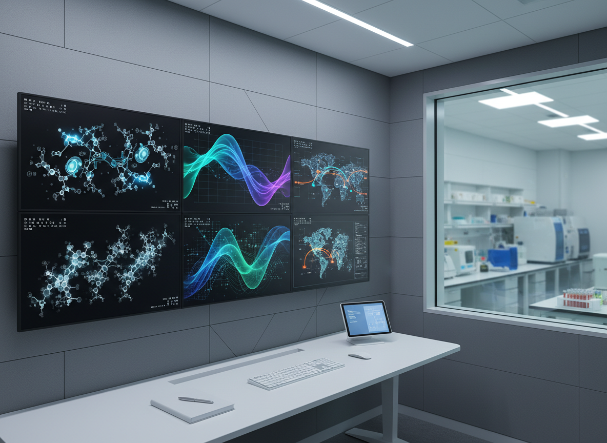 A meticulously organized validation and certification control room featuring multiple large, bezel-thin monitors displaying abstract graphs, molecular visualizations, and stylized maps connecting Hong Kong and Canada through glowing arcs, all without any readable text. Below the screens, a clean white workstation holds a slim keyboard, a notebook, and a tablet docked in a vertical stand. The room’s walls are soft gray with subtle acoustic paneling, and a glass interior window looks through to an adjacent laboratory, where equipment is visible but out of focus. Cool, indirect ceiling lighting combines with the gentle glow from the monitors to create a focused, analytical atmosphere. Captured from a three-quarter angle at desk height, the composition balances screens on one side and the lab glimpse on the other, evoking strategic oversight and cross-border biotech coordination in realistic, modern photography.
